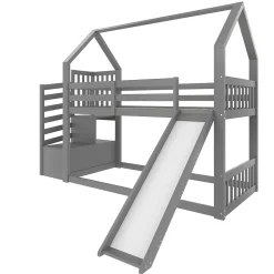 Lit Superposé Enfant 90x200 cm - Lit avec Toboggan et Escalier de Rangement - Cadre Bois MDF - Sans Matelas - Gris