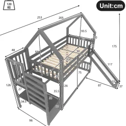 Lit Superposé Enfant 90x200 cm - Lit avec Toboggan et Escalier de Rangement - Cadre Bois MDF - Sans Matelas - Gris