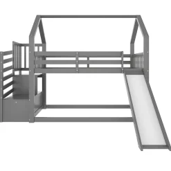 Lit Superposé Enfant 90x200 cm - Lit avec Toboggan et Escalier de Rangement - Cadre Bois MDF - Sans Matelas - Gris