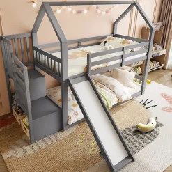 Lit Superposé Enfant 90x200 cm - Lit avec Toboggan et Escalier de Rangement - Cadre Bois MDF - Sans Matelas - Gris