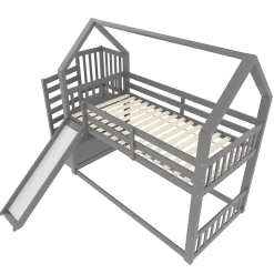 Lit Superposé Enfant 90x200 cm - Lit avec Toboggan et Escalier de Rangement - Cadre Bois MDF - Sans Matelas - Gris