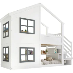 Lit superposé enfant 90x200 cm avec fenêtre - avec échelle de rangement - bois massif + MDF - blanc + gris (sans matelas)