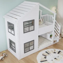 Lit superposé enfant 90x200 cm avec fenêtre - avec échelle de rangement - bois massif + MDF - blanc + gris (sans matelas)