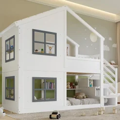 Lit superposé enfant 90x200 cm avec fenêtre - avec échelle de rangement - bois massif + MDF - blanc + gris (sans matelas)