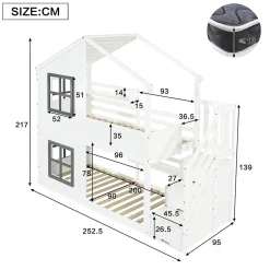 Lit superposé enfant 90x200 cm avec fenêtre - avec échelle de rangement - bois massif + MDF - blanc + gris (sans matelas)