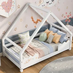 Lit Superposé enfant 90x200 cm - Lit Simple en Bois Massif de Pin, Capacité 120 kg, Sans Matelas, Blanc