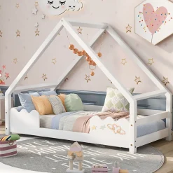 Lit Superposé enfant 90x200 cm - Lit Simple en Bois Massif de Pin, Capacité 120 kg, Sans Matelas, Blanc