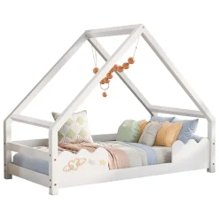 Lit Superposé enfant 90x200 cm - Lit Simple en Bois Massif de Pin, Capacité 120 kg, Sans Matelas, Blanc