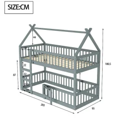 Lit Superposé Enfant 90x200 cm - avec escalier sécurisé et rangement, Bois Massif + MDF - Gris, sans matelas