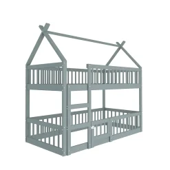 Lit Superposé Enfant 90x200 cm - avec escalier sécurisé et rangement, Bois Massif + MDF - Gris, sans matelas