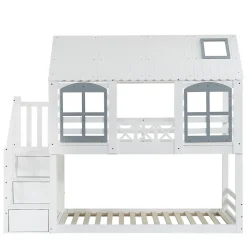 Lit superposé enfant 90x200 cm blanc/gris en pin et MDF avec barrières de sécurité, 3 tiroirs et rangement