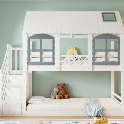 Lit superposé enfant 90x200 cm blanc/gris en pin et MDF avec barrières de sécurité, 3 tiroirs et rangement