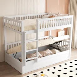 Lit superposé enfant 90x200 cm en bois massif blanc avec système de rangement hydraulique, lit solide, durable et fonctionnel