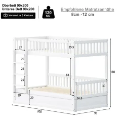 Lit superposé enfant 90x200 cm en bois massif blanc avec système de rangement hydraulique, lit solide, durable et fonctionnel