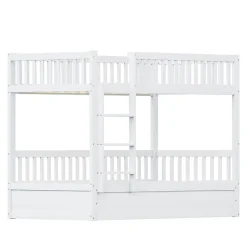 Lit superposé enfant 90x200 cm en bois massif blanc avec système de rangement hydraulique, lit solide, durable et fonctionnel