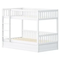 Lit superposé enfant 90x200 cm en bois massif blanc avec système de rangement hydraulique, lit solide, durable et fonctionnel