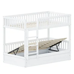 Lit superposé enfant 90x200 cm en bois massif blanc avec système de rangement hydraulique, lit solide, durable et fonctionnel