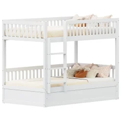 Lit superposé enfant 90x200 cm en bois massif blanc avec système de rangement hydraulique, lit solide, durable et fonctionnel