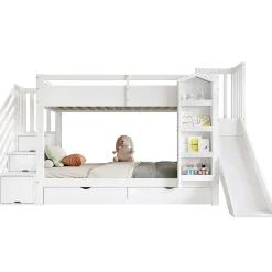 Lit superposé enfant 90x200 cm avec escalier de rangement et toboggan - bibliothèque illustrée - 2 tiroirs - blanc (sans matelas)