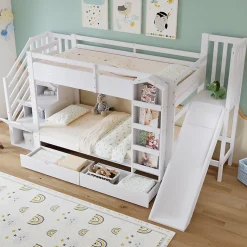 Lit superposé enfant 90x200 cm avec escalier de rangement et toboggan - bibliothèque illustrée - 2 tiroirs - blanc (sans matelas)
