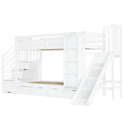 Lit superposé enfant 90x200 cm avec escalier de rangement et toboggan - bibliothèque illustrée - 2 tiroirs - blanc (sans matelas)