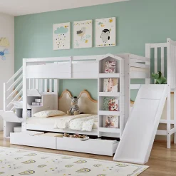 Lit superposé enfant 90x200 cm avec escalier de rangement et toboggan - bibliothèque illustrée - 2 tiroirs - blanc (sans matelas)