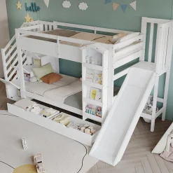 Lit superposé enfant 90x200 cm avec escalier de rangement et toboggan - bibliothèque illustrée - 2 tiroirs - blanc (sans matelas)