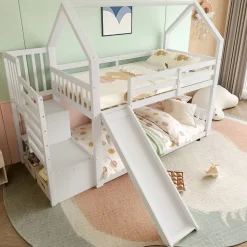 Lit Superposé Enfant 90x200 cm - Lit avec Toboggan et Escalier de Rangement - Cadre Bois MDF - Sans Matelas - Blanc