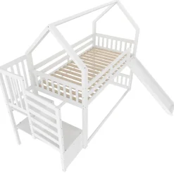 Lit Superposé Enfant 90x200 cm - Lit avec Toboggan et Escalier de Rangement - Cadre Bois MDF - Sans Matelas - Blanc
