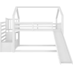 Lit Superposé Enfant 90x200 cm - Lit avec Toboggan et Escalier de Rangement - Cadre Bois MDF - Sans Matelas - Blanc