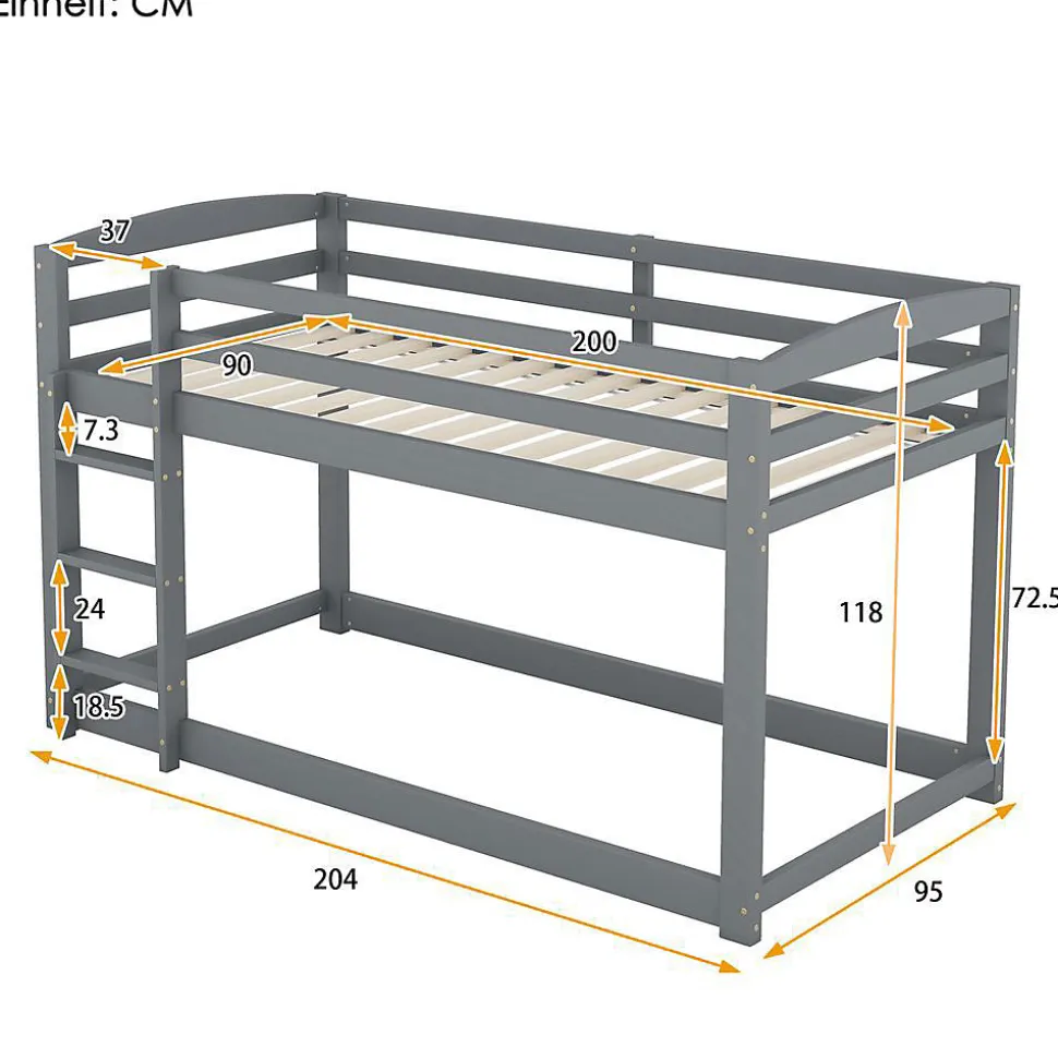 Lit Superposé Enfant 90X200Cm Pin Gris Blackcolors