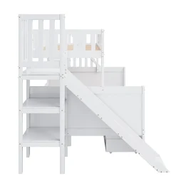 Lit superposé enfant 90x200/140x200 cm en bois massif avec toboggan, escaliers sécurisés, 2 grands tiroirs et sommier, blanc