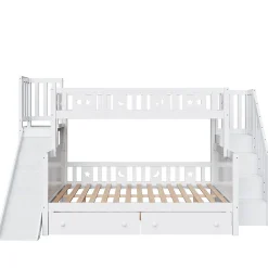 Lit superposé enfant 90x200/140x200 cm en bois massif avec toboggan, escaliers sécurisés, 2 grands tiroirs et sommier, blanc