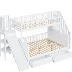 Lit superposé enfant 90x200/140x200 cm en bois massif avec toboggan, escaliers sécurisés, 2 grands tiroirs et sommier, blanc