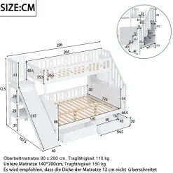 Lit superposé enfant 90x200/140x200 cm en bois massif avec toboggan, escaliers sécurisés, 2 grands tiroirs et sommier, blanc