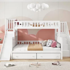 Lit superposé enfant 90x200/140x200 cm en bois massif avec toboggan, escaliers sécurisés, 2 grands tiroirs et sommier, blanc
