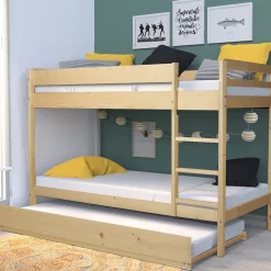 Lit superposé et 1 lit tiroir 90x190 WILL Bois naturel incl. Sommier