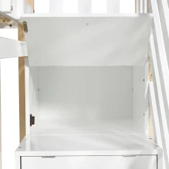 Lit superposé extensible avec échelle 3 tiroirs, sécurité, cadre bois, naturel,blanc