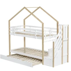 Lit superposé extensible avec échelle 3 tiroirs, sécurité, cadre bois, naturel,blanc