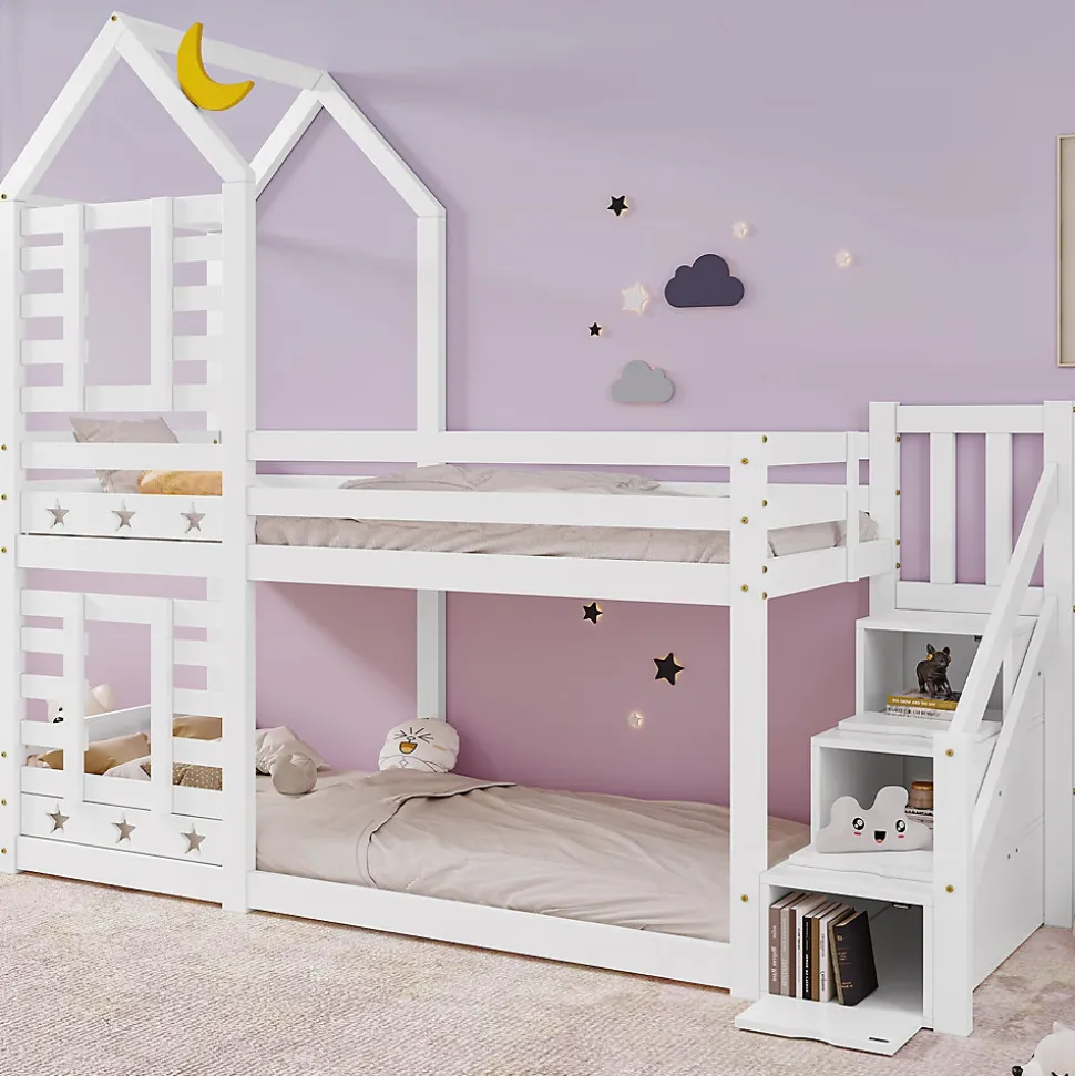 Lit superposé lit enfant bois blanc escalier avec rangement 90x200cm