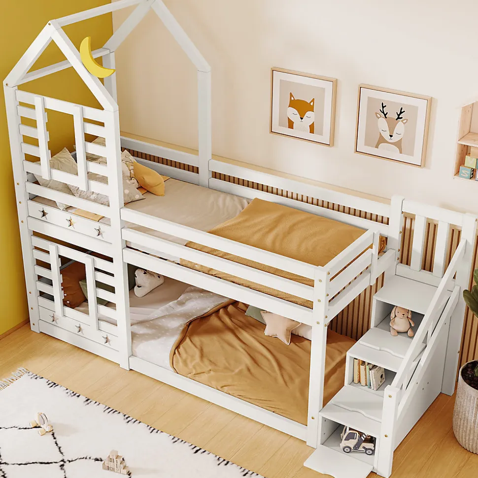 Lit superposé lit enfant bois blanc escalier avec rangement 90x200cm