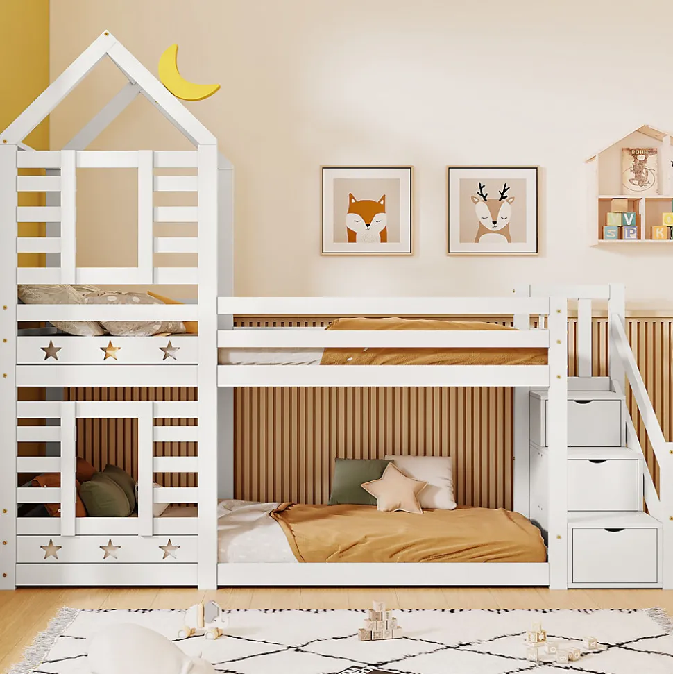 Lit superposé lit enfant bois blanc escalier avec rangement 90x200cm