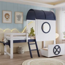 Lit superposé mi-haut toit fenêtre tiroir roulettes échelle inclinée 2 marches pin MDF contreplaqué blanc bleu 90x200