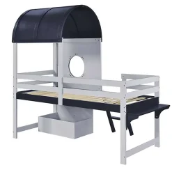 Lit superposé mi-haut toit fenêtre tiroir roulettes échelle inclinée 2 marches pin MDF contreplaqué blanc bleu 90x200