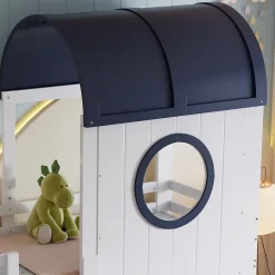 Lit superposé mi-haut toit fenêtre tiroir roulettes échelle inclinée 2 marches pin MDF contreplaqué blanc bleu 90x200