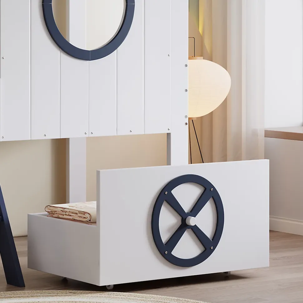 Lit superposé mi-haut toit fenêtre tiroir roulettes échelle inclinée 2 marches pin MDF contreplaqué blanc bleu 90x200