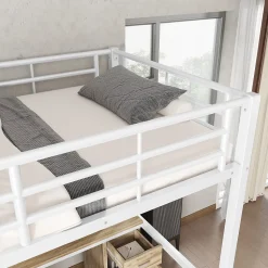 Lit superposé métal, avec bureau, armoire, rangement, escalier incliné 4 marches, métal panneau blanc naturel, 90x200cm
