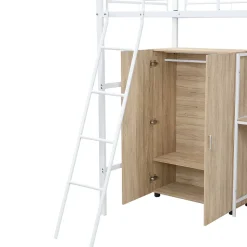 Lit superposé métal, avec bureau, armoire, rangement, escalier incliné 4 marches, métal panneau blanc naturel, 90x200cm