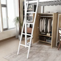 Lit superposé métal, avec bureau, armoire, rangement, escalier incliné 4 marches, métal panneau blanc naturel, 90x200cm