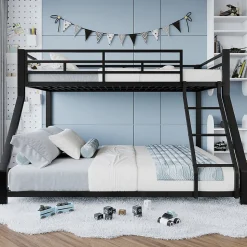 Lit Superposé Métal 90x200 et 140x200 cm, Lit Double enfant/Ado avec Échelle et Barrières de Sécurité - Sans Matelas - Noir